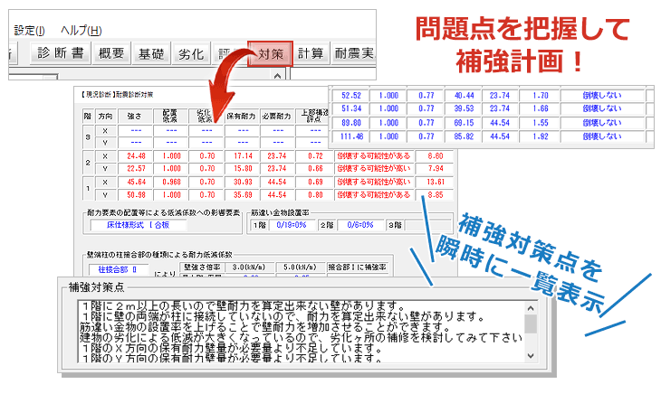 補強対策点を一覧表示で確認して補強計画