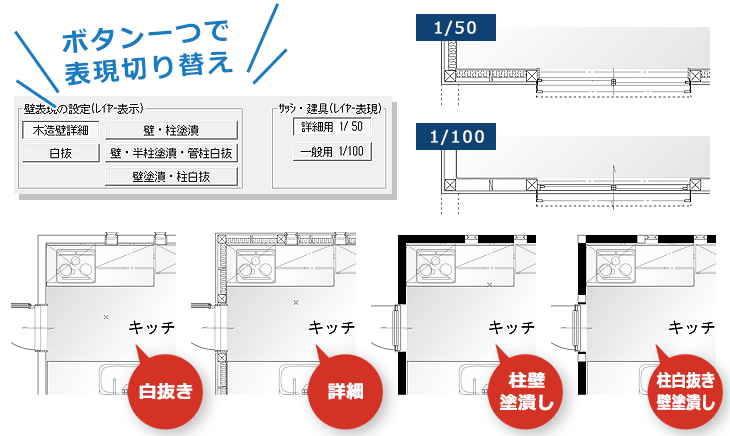 表現の異なる詳細図を、ボタン一つで切り替え